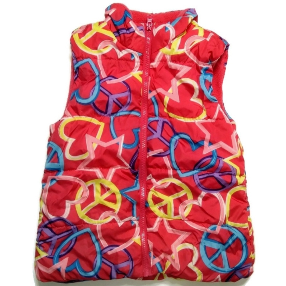 The Children’s Place Girls 7 8 Pink Hearts Peace Signs Puffer Vest